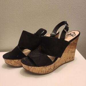 Fergalicious Black Strappy Cork Wedge Heels Shoes